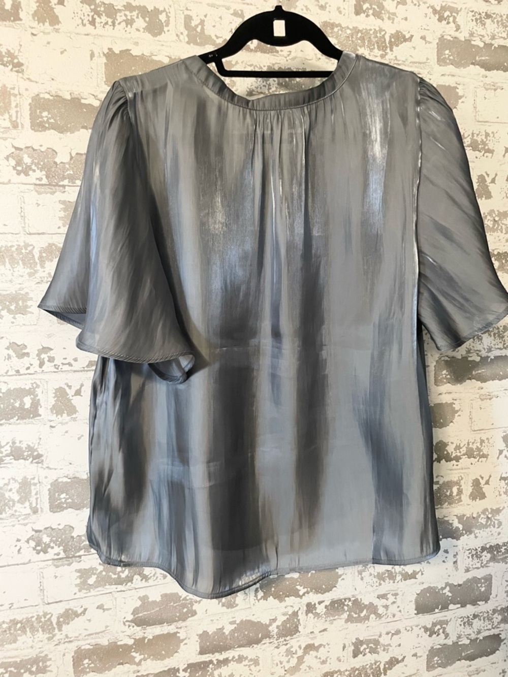 Melloday Metallic Gray Sheer Tie Neck Blouse XL Flutter Sleeve Top - Picture 7 of 9